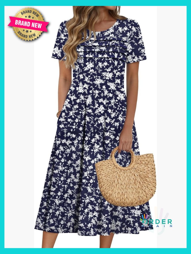 Flowy Midi Sundress With Pockets Bohemian Casual Summer Beach Dress Loose Fit